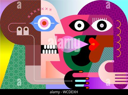 Fantastic mechanical woman and her girlfriend vector illustration. Modern abstract art painting. Stock Vector