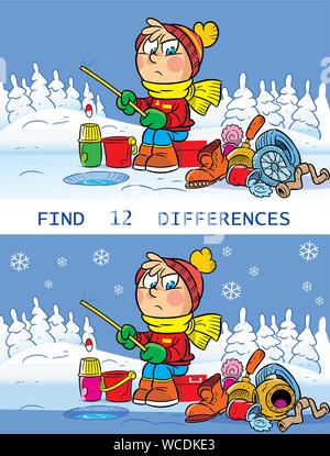 Vector illustration with a puzzle, in which you need to find 12 differences in the pictures with a boy on winter fishing Stock Vector