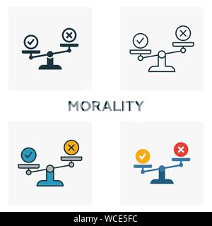 Morality icon set. Four elements in diferent styles from business ethics icons collection. Creative morality icons filled, outline, colored and flat Stock Vector