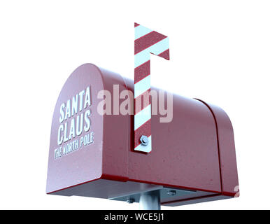 A christmas concept depicting a shut red retro mailbox belonging to santa clause with a striped candy cane flag on an isolated white background - 3D r Stock Photo