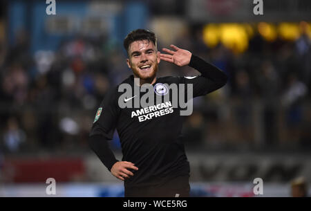 Aaron Connolly of Brighton celebrates after scoring the first goal during the Carabao Cup match between Bristol Rovers and Brighton and Hove Albion at the Memorial Ground , Bristol , 27 August 2019 :  Editorial use only. No merchandising. For Football images FA and Premier League restrictions apply inc. no internet/mobile usage without FAPL license - for details contact Football Dataco Stock Photo