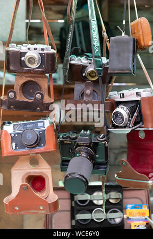 MOSCOW, RUSSIA - AUGUST 3, 2019: Izmailovsky Market. a craft market, souvenirs and second-hand objects on the outskirts of Moscow. old cameras Stock Photo