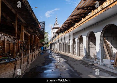 MOSCOW, RUSSIA - AUGUST 3, 2019: The wooden stalls of Izmailovsky market with the wide range of souvenirs, art and craft goods, antiques and others Stock Photo