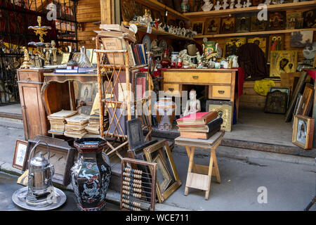 MOSCOW, RUSSIA - AUGUST 3, 2019: The wooden stalls of Izmailovsky market with the wide range of souvenirs, art and craft goods, antiques and others Stock Photo