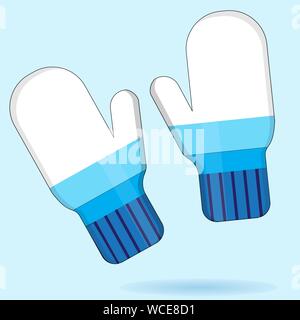 White and blue warm knitted mittens with stripe pattern on light blue background with shade. Flat icon, element of design of winter clothes. Stock Vector