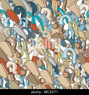 Seamless pattern with hand drawn question mark. Cartoon question and exclamation marks in grunge texture style. Vector illustration. Stock Vector
