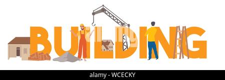 Building construction team work house crane worker. Stock Vector