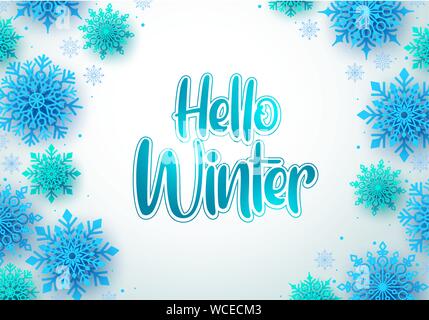 Hello winter vector greeting card background. Hello winter text and snowflakes in empty white space for message. Vector Illustration. Stock Vector