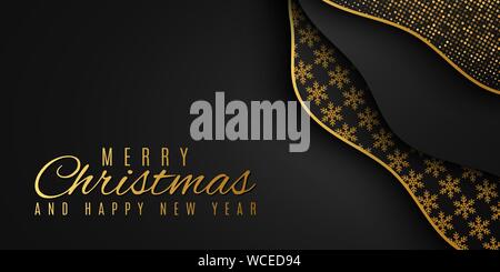 Christmas fluid shapes with pattern of snowflakes and golden glitter. Modern geometric design for your project. Festive greeting card. Vector Illustra Stock Vector