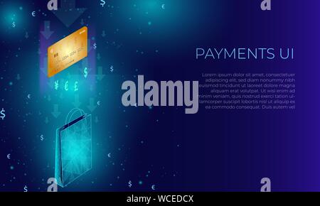 Isometric poligonal concept of paying by credit card and getting presents, gifts and other goods. Blue template for website. Ui Ux. 3d consumerism. Stock Vector