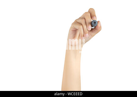 hand holding black magic marker pen ready to writing something isolated on white background with copy space, studio shot, front view Stock Photo