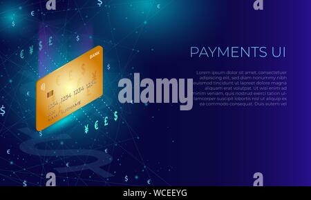 Isometric bank credit or debit card. Paying or currency exchange concept on a dark blue glowing background. Part of UI design for apps and websites. Stock Vector