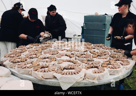 Belaris Minsk 26 07 2019Workers preparing rolls for catering.Employees in black uniform serving aubergine veggie rolls on round platters for special Stock Photo