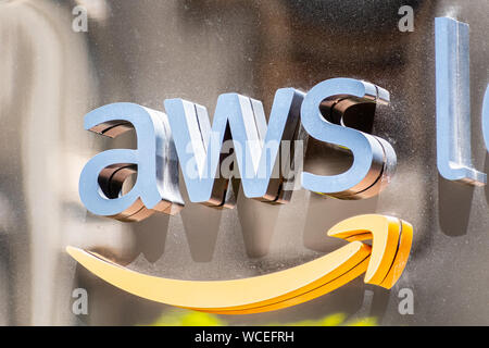 August 21, 2019 San Francisco / CA / USA - Close up of AWS sign at their offices in SOMA district; Amazon Web Services (AWS) is a subsidiary of Amazon Stock Photo