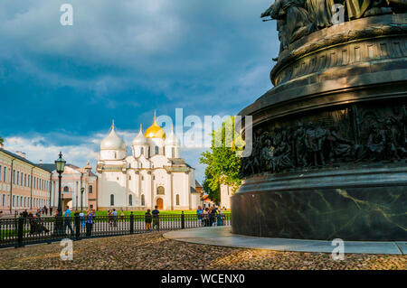 Veliky Novgorod,Russia-August 10, 2019. Monument Millennium of Russia on the background of St Sophia Cathedral in Veliky Novgorod, Russia - summer vie Stock Photo