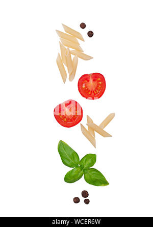 Tomatoes, pasta penne and pepper isolated on white Stock Photo