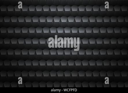 Vector black metal embossed pattern pentagon plastic grid background. Technology pentagon shape cell dark volume geometric pattern. Stock Vector