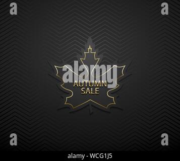 Autumn sale vector luxury banner. Golden text and frame on black maple leaf frame. Dark geometric zigzag pattern background. Stock Vector
