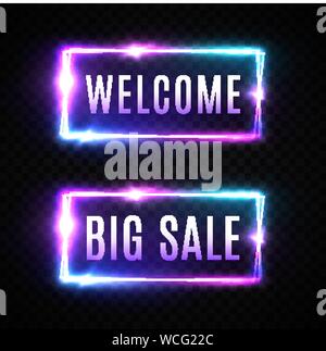 Neon welcome sign on dark transparent background. Stock Vector