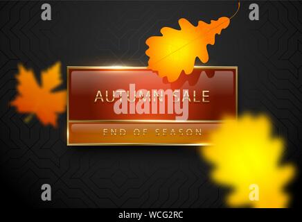 Autumn sale vector poster with yellow autumn leaves. Dark luxury banner. Golden text on red rectangular label gold frame. Black geometric pattern Stock Vector