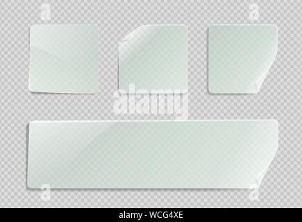 Vector blank transparent plastic square adhesive sticker mock up with curved corner. Empty quadratic sticky label banner mockup with fold Stock Vector
