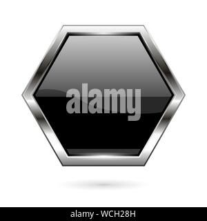 Black glass button. 3d shiny hexagon icon Stock Vector