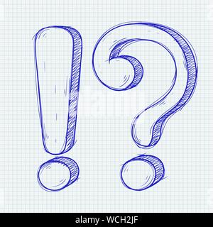 Question and Exlamation marks. Hand drawn doodle style on lined paper background Stock Vector