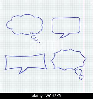 Speech bubbles. Doodle style blue hand drawn sketch on lined paper background Stock Vector
