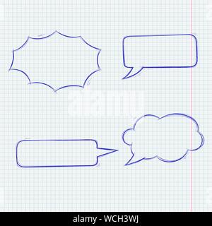 Speech bubbles. Doodle style blue hand drawn sketch on lined paper background Stock Vector
