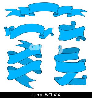 Ribbon and paper scrolls. Blue icons set Stock Vector