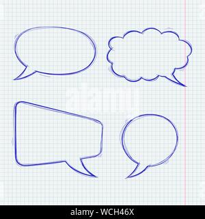 Speech bubbles. Doodle style blue hand drawn sketch on lined paper background Stock Vector