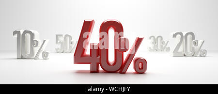 40 percent discount text on white background, banner. 40% off, Sale 40% concept. 3d illustration Stock Photo