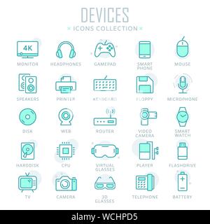 Collection of device thin line icons Stock Vector