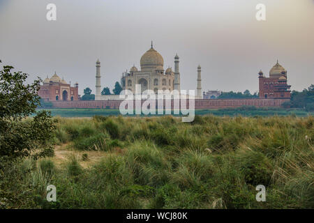 View of the iconic Taj Mahal, from River Park across the Yamuna River, Agra, Uttar Pradesh, India, Central Asia Stock Photo