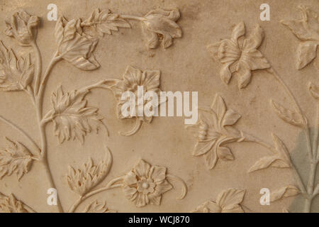 Exquisite close up of the marble floral carvngs at the Taj Mahal, Agra, Uttar Pradesh, India, Central Asia Stock Photo