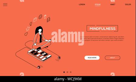 Mindfulness - line design style isometric web banner Stock Vector