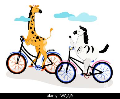 Zebra and giraffe cycling - modern flat design style illustration Stock Vector