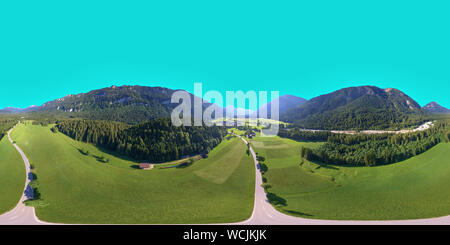 360 degree panoramic view of Road in front of a meadow and a forest at the edge of the Alps, Equirectangular 360 degree spherical panorama for virtual reality background