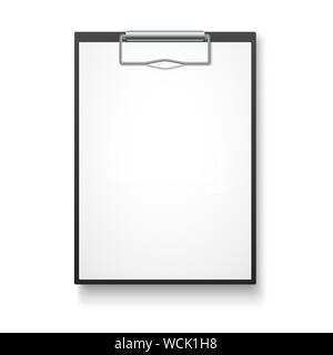 Black clipboard with blank white sheet. Vector illustration. Eps 10. Stock Vector