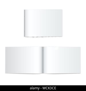 Vector mock up of booklet with soft cover isolated. Opened and closed horizontal magazine, brochure or notebook template Stock Vector