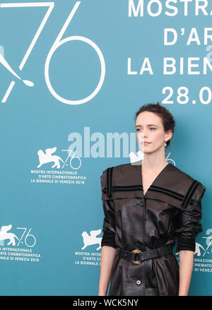 Venice, Italy. 28th Aug, 2019. Main competition jury member Stacy Martin poses for photos during a photocall at the 76th Venice International Film Festival in Venice, Italy, Aug. 28, 2019. The 76th Venice International Film Festival will be held from Aug. 28 to Sept. 7. Credit: Cheng Tingting/Xinhua/Alamy Live News Stock Photo