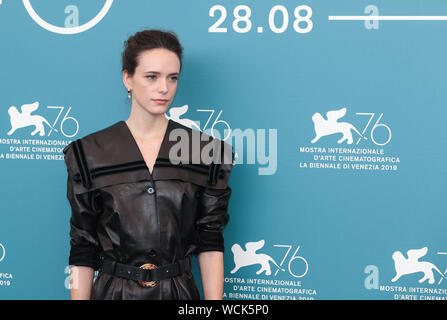 Venice, Italy. 28th Aug, 2019. Main competition jury member Stacy Martin poses for photos during a photocall at the 76th Venice International Film Festival in Venice, Italy, Aug. 28, 2019. The 76th Venice International Film Festival will be held from Aug. 28 to Sept. 7. Credit: Cheng Tingting/Xinhua/Alamy Live News Stock Photo