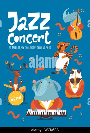 Jazz music poster design with cartoon animals playing music instruments and singing Stock Vector