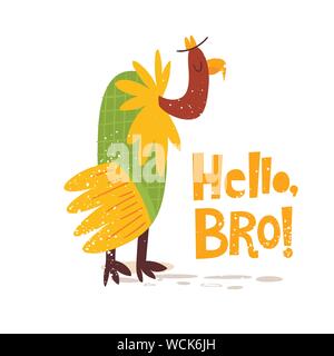 Cute illustration with old vulture and lettering Hello bro Stock Vector