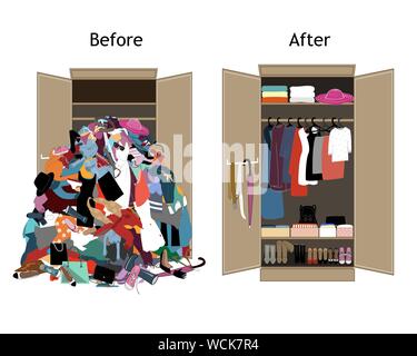 Before untidy and after tidy wardrobe. Messy clothes thrown on a shelf and nicely arranged clothes in piles and boxes. Stock Vector