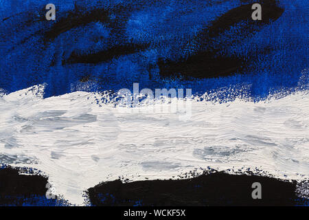 Abstract blue, white and black brush strokes, real oil painting on canvas by hand full frame Stock Photo