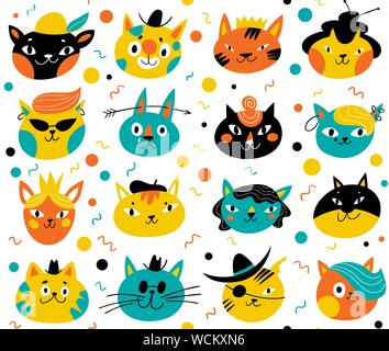 Vector seamless pattern for textile or wrapping paper with cute cats characters Stock Vector