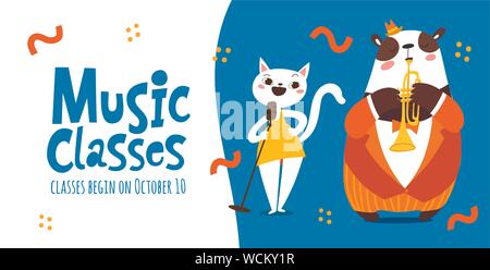 Vector music classes advertisment flyer or poster design with cute animals playing music instruments Stock Vector