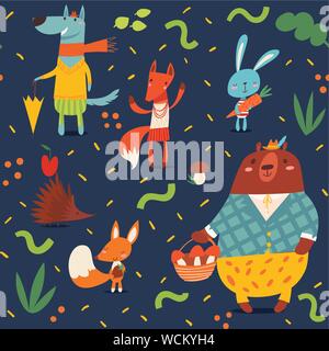 Vector seamless forest pattern in kids style with cartoon animals Stock Vector