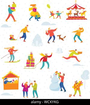 Winter seamless pattern with people for Christmas Stock Vector
